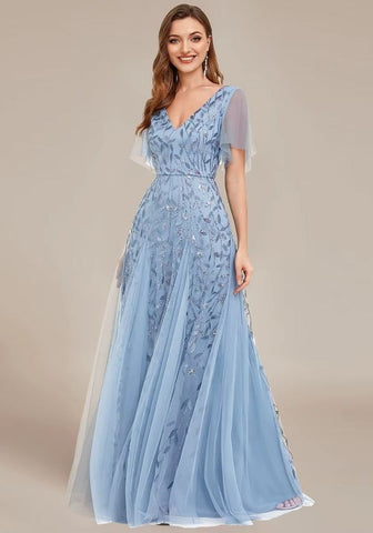 Cocktailkleid Blau Hochzeit Rüschenärmel Spitze