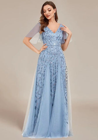 Cocktailkleid Blau Hochzeit Rüschenärmel Spitze