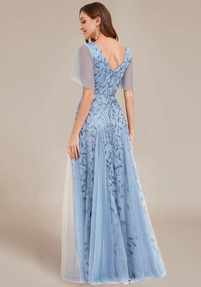 Cocktailkleid Blau Hochzeit Rüschenärmel Spitze