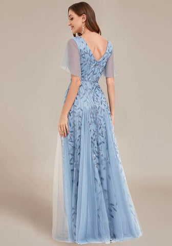 Cocktailkleid Blau Hochzeit Rüschenärmel Spitze