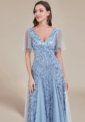 Cocktailkleid Blau Hochzeit Rüschenärmel Spitze