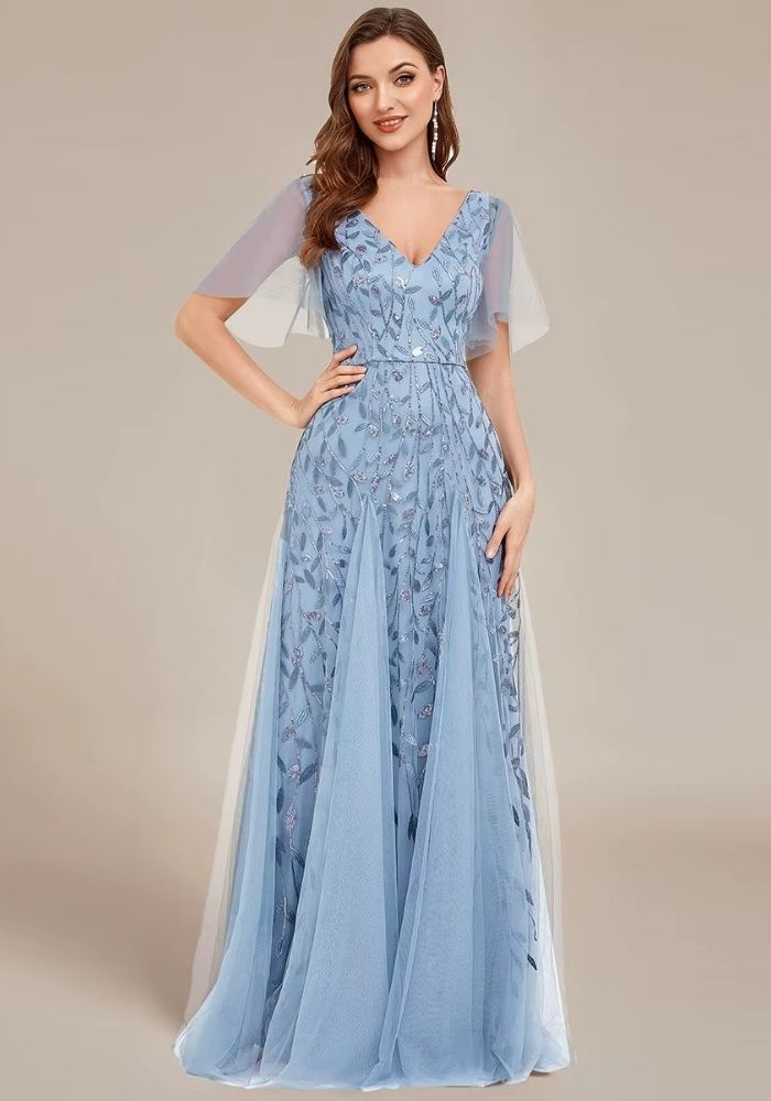 Cocktailkleid Blau Hochzeit Rüschenärmel Spitze