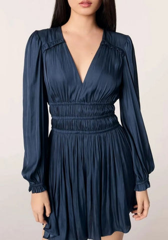 Cocktailkleid Blau Hochzeit V-Ausschnitt Seidenoptik