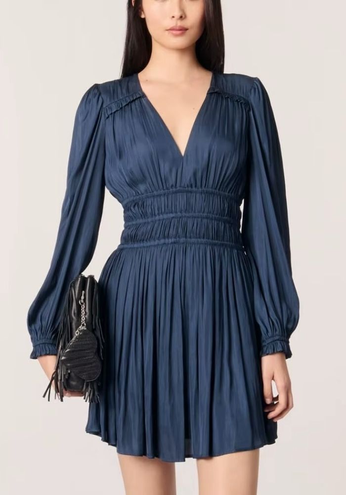 Cocktailkleid Blau Hochzeit V-Ausschnitt Seidenoptik