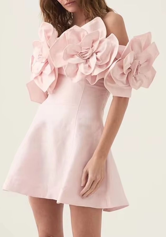 Cocktailkleid Hochzeit 3D-Blumen Tunika Schräger Ausschnitt
