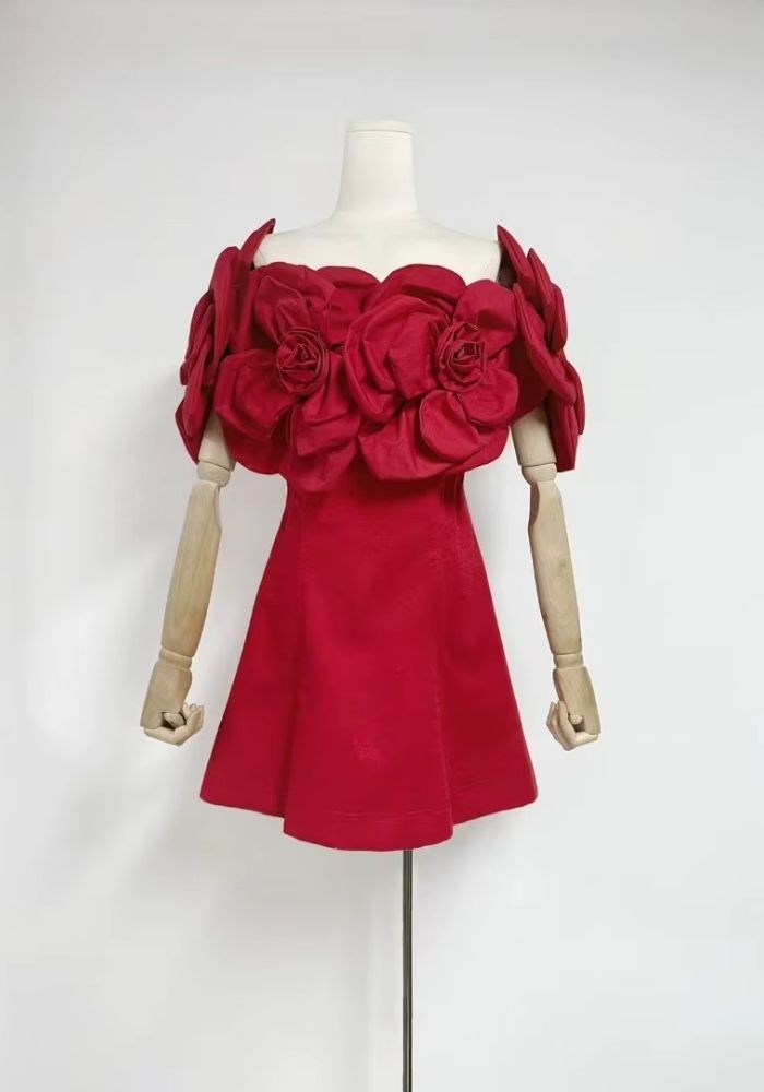 Cocktailkleid Hochzeit 3D-Blumen Tunika Schräger Ausschnitt