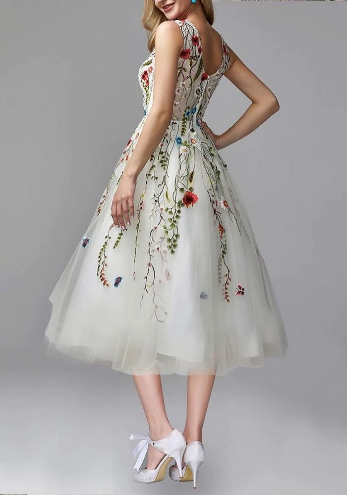 Cocktailkleid Hochzeit Brautjungfer Floral V-Hals 2025