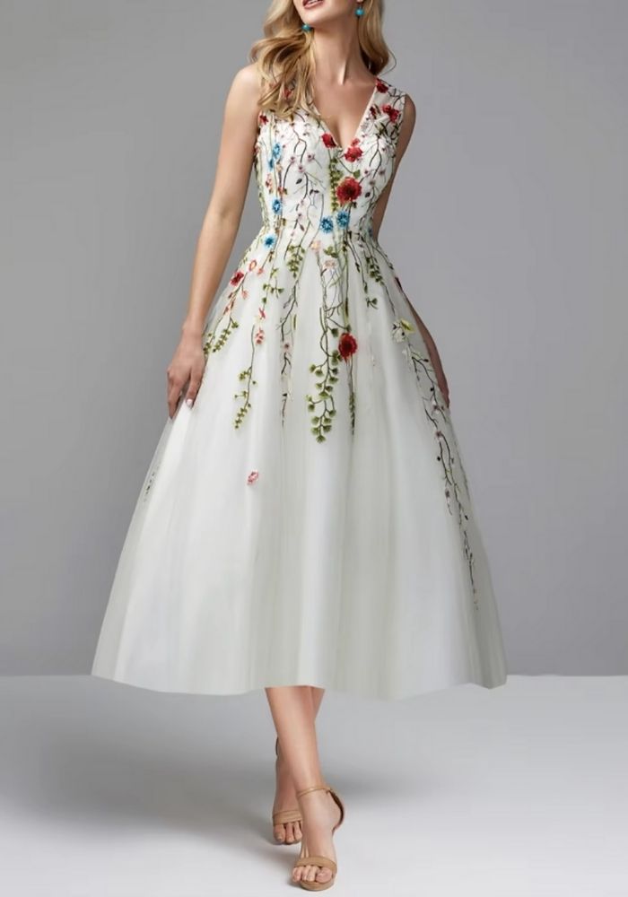 Cocktailkleid Hochzeit Brautjungfer Floral V-Hals 2025