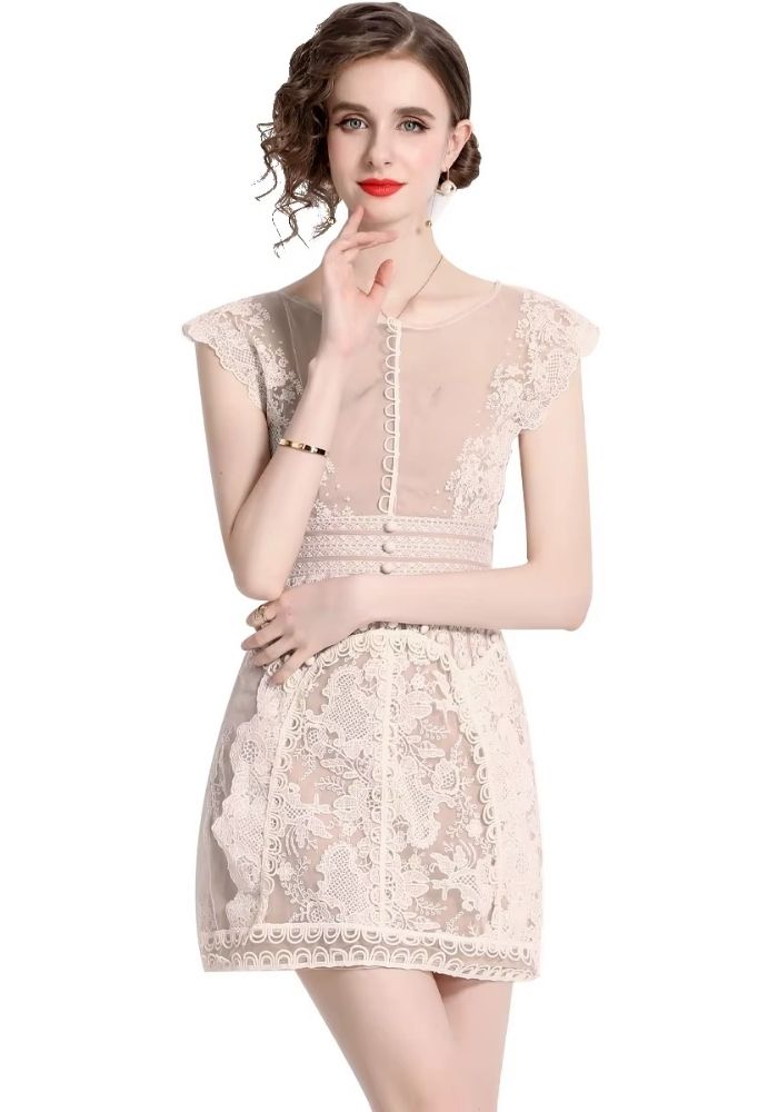 Cocktailkleid Hochzeit Sommer Blumenstickerei Spitze Damen