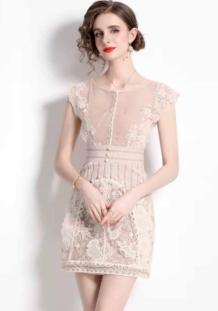 Cocktailkleid Hochzeit Sommer Blumenstickerei Spitze Damen