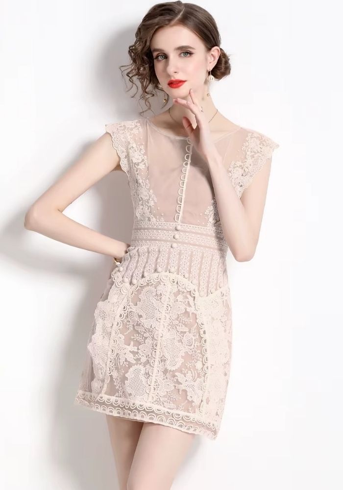 Cocktailkleid Hochzeit Sommer Blumenstickerei Spitze Damen