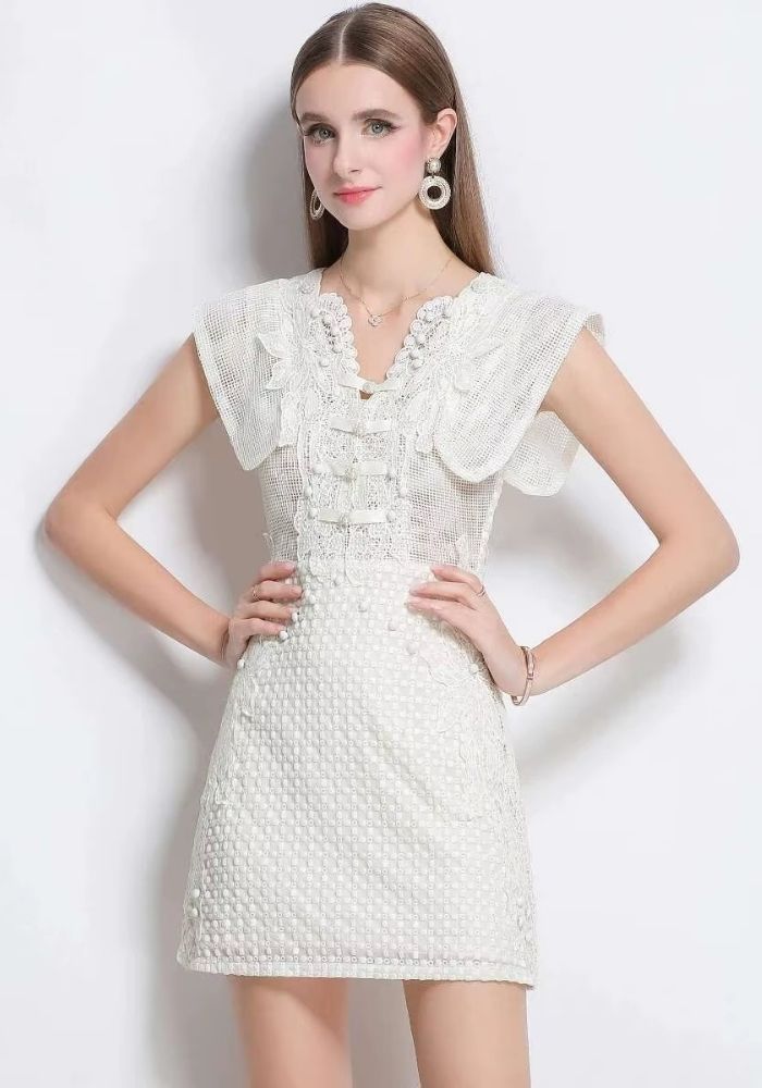 Cocktailkleid Hochzeit Weiß Luxus Stickerei Spitze